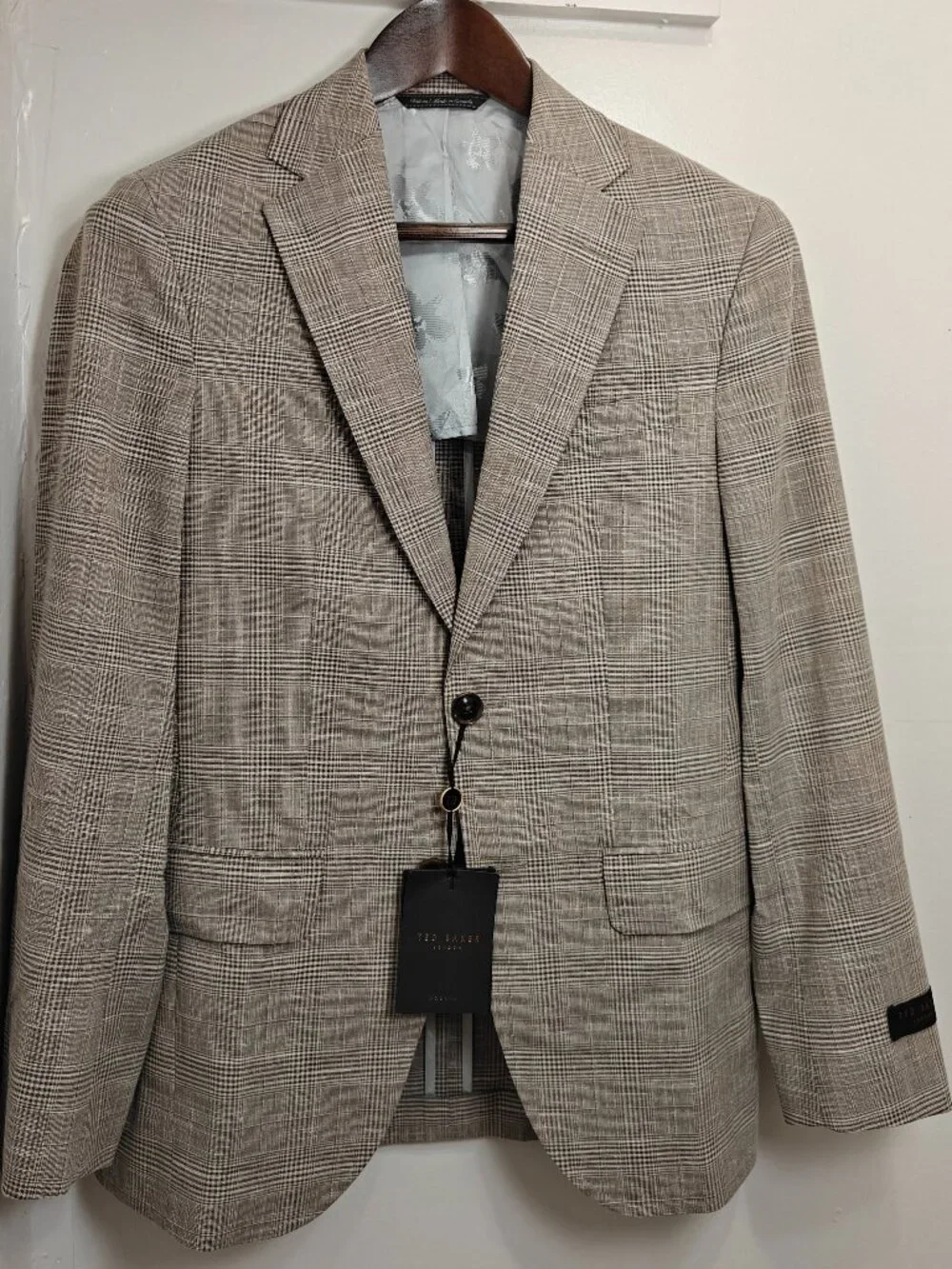 NWT Ted Baker London Sport Coat - Light Beige Glen Check - Linen/Wool Blend 36S